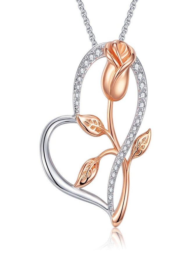 Klurent Rose Necklace for Women, Christmas Necklace with Gift Box, Rose Gold Flower Silver Heart Pendant Unique Necklaces Gift for Wife, Mom, Girlfriend on Christmas, Birthday, Anniversary - Image 1